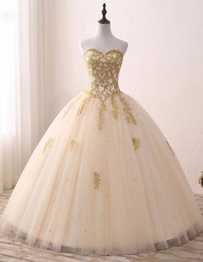 Princess Sweetheart Golden Appliques Long Formal Prom Dress Tulle Ball Gown Pd On Luulla
