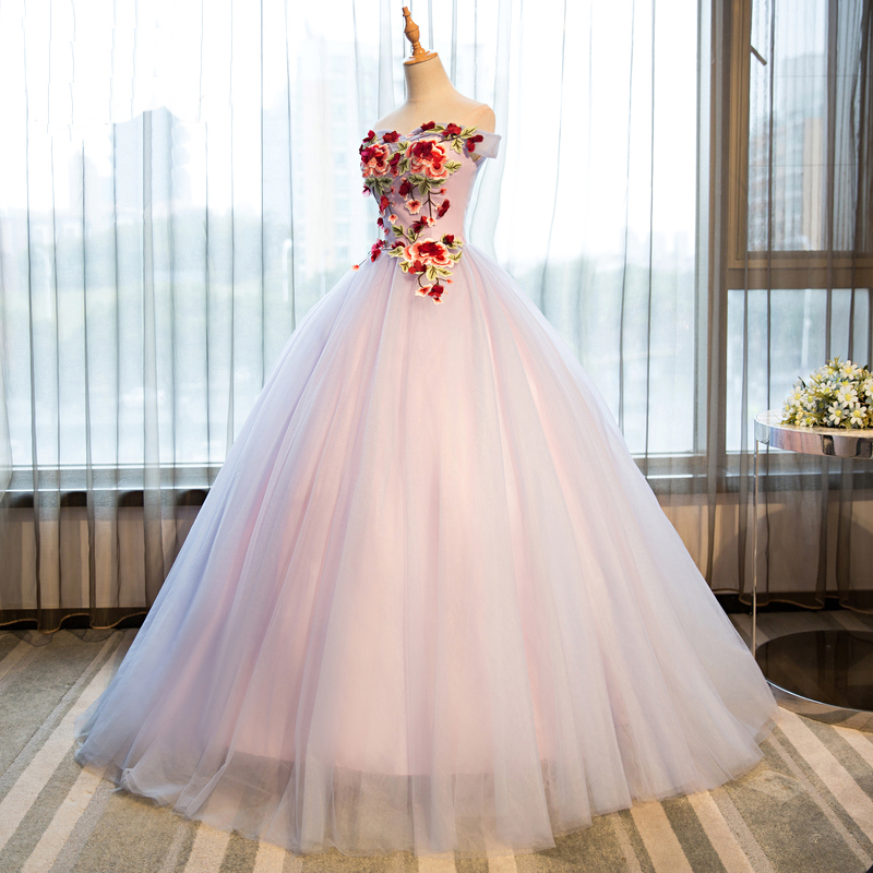 2018 Princess Strapless Off Shoulder Flower Long Tulle Prom Gown, Formal Evening Dress,pd14256