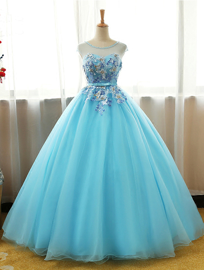 Cute Light Blue Tulle Long 3d Flower A-line Prom Gown, Cap Sleeves Long Evening Dress,pd14259