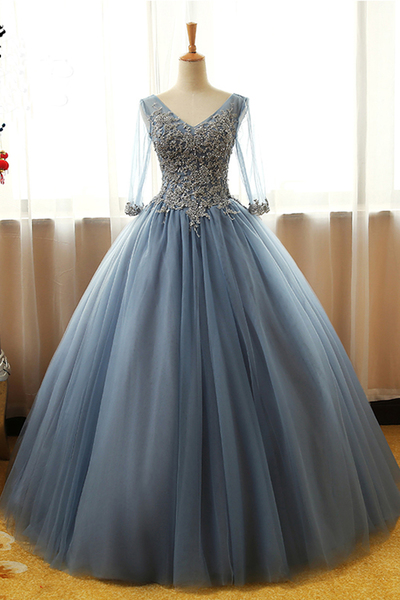 Princess V Neck Long Gray Tulle Formal Prom Gown, Long Lace Applique Evening Dress With Sleevess,pd14260