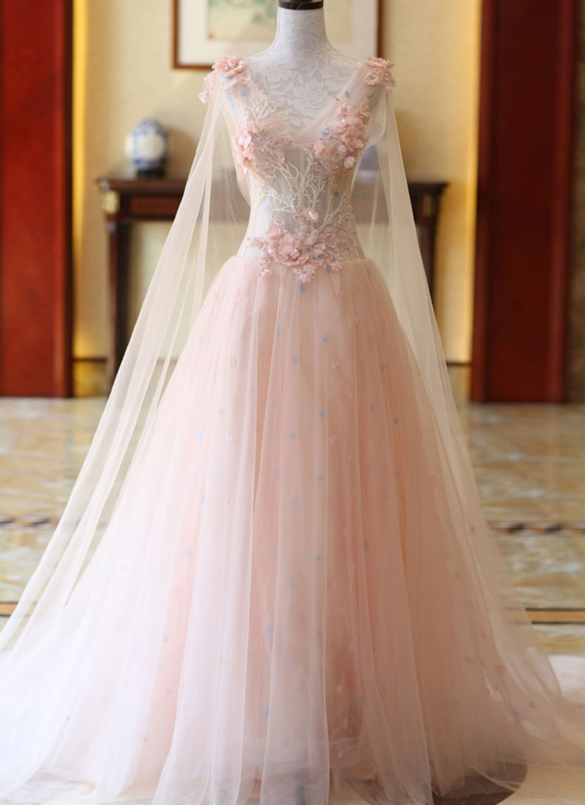 Design Pink Tulle Customize Long 3d Lace Flower Evening Dress, Sweet 16 Prom Dress,pd14262