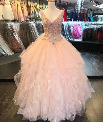 Pink Tulle V Neck Long Ruffles Formal Prom Dress, Sequins Beaded Evening Dresses,pd14293