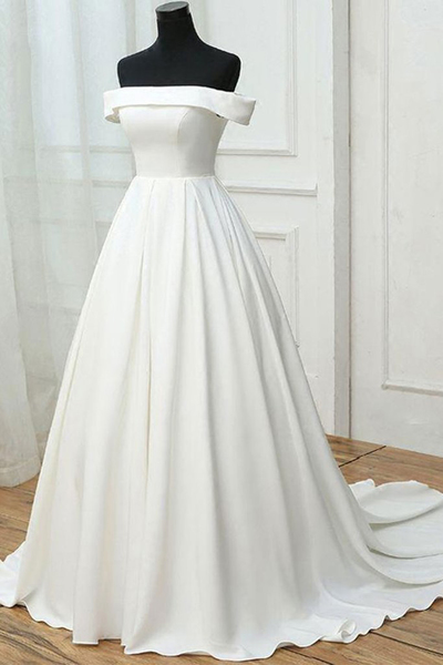 Simple White Satin Off Shoulder Long Sweet 16 Prom Dress, Long Pageant Dress,pd14303