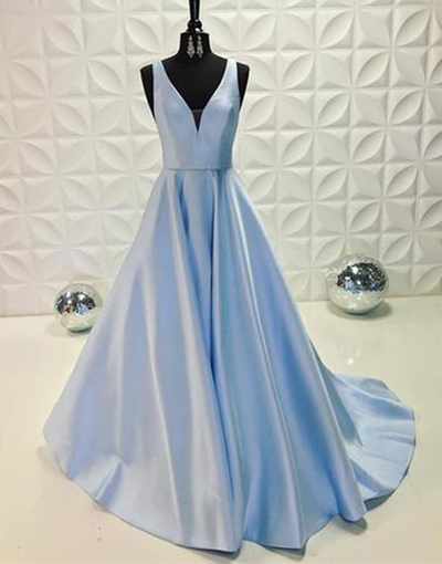 2018 Spring Blue Satin Long Senior Prom Dresses, Long V Neckline Party Dress,pd14310