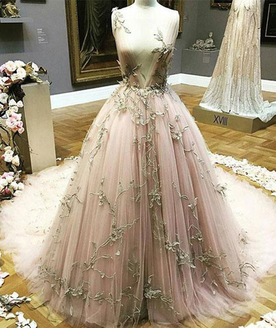 Blush Pink Tulle Long Gold Lace Appliques Evening Dress, Long Winter Formal Prom Dresses,pd14312