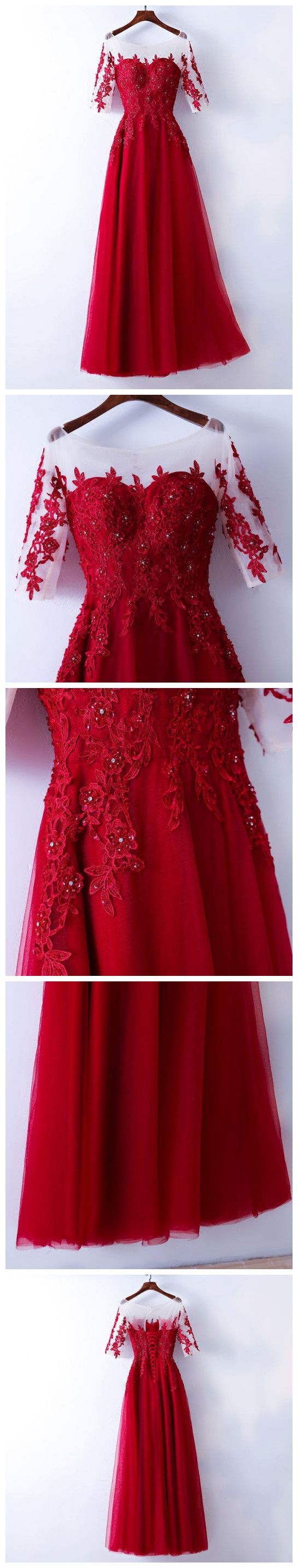 Elegant Tulle Lace Long Prom Dress, Red Lace Evening Dress,pd14332