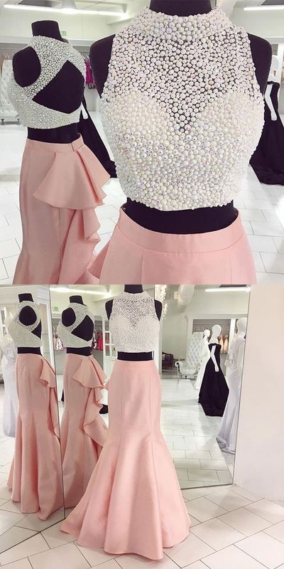 High Fashion Two Piece Pink Mermaid Long Prom Dress With White Top Prom Dress,pd14364