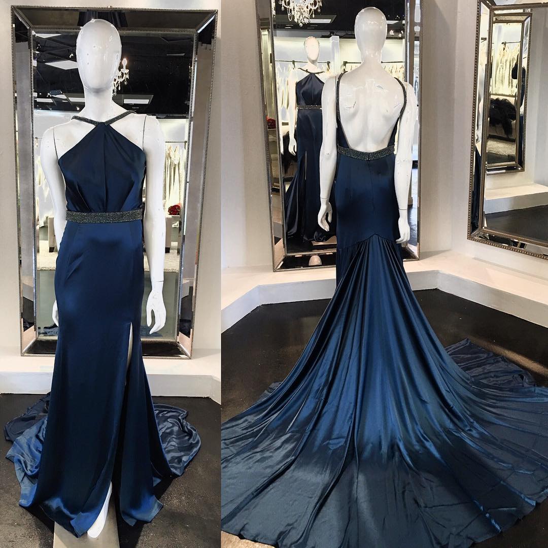 Unique Mermaid Halter Backless Split Front Sweep Train Prom Dress With Beading,pd14444