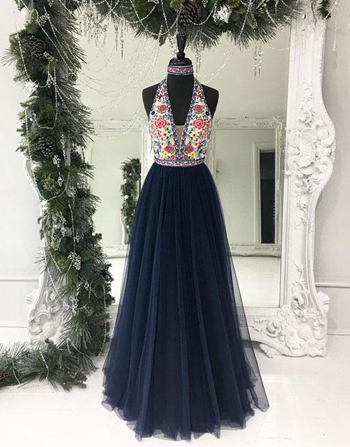 Dark Blue Tulle Long Prom Dress, Blue Evening Dress,pd14529