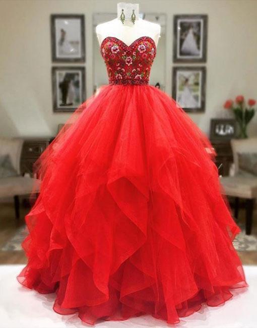 Red Tulle Sweetheart Neck Long Prom Dress, Red Evening Dress Prom Gowns, Formal Women Dress,pd14530