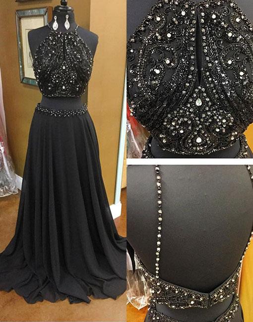 Black Two Pieces Long Prom Dress, Black Evening Dress,pd14533