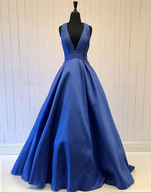 Blue V Neck Long Prom Dress With Bow, Blue Evening Dress Prom Gowns, Formal Women Dress,pd14535