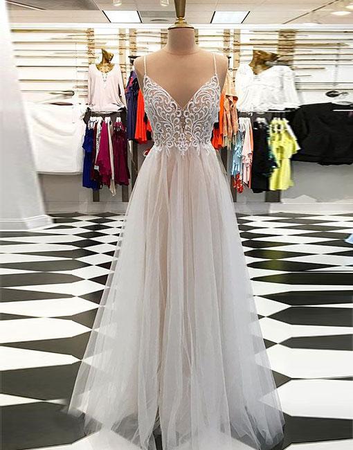 Champagne A Line V Neck Tulle Long Prom Dress, Champagne Evening Dress Prom Gowns, Formal Women Dress,pd14540