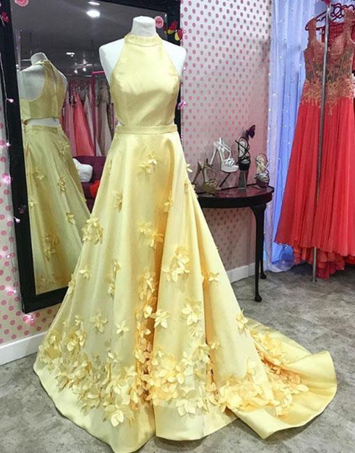 Unique Yellow Satin Long Prom Dress, Yellow Evening Dress ,pd14541