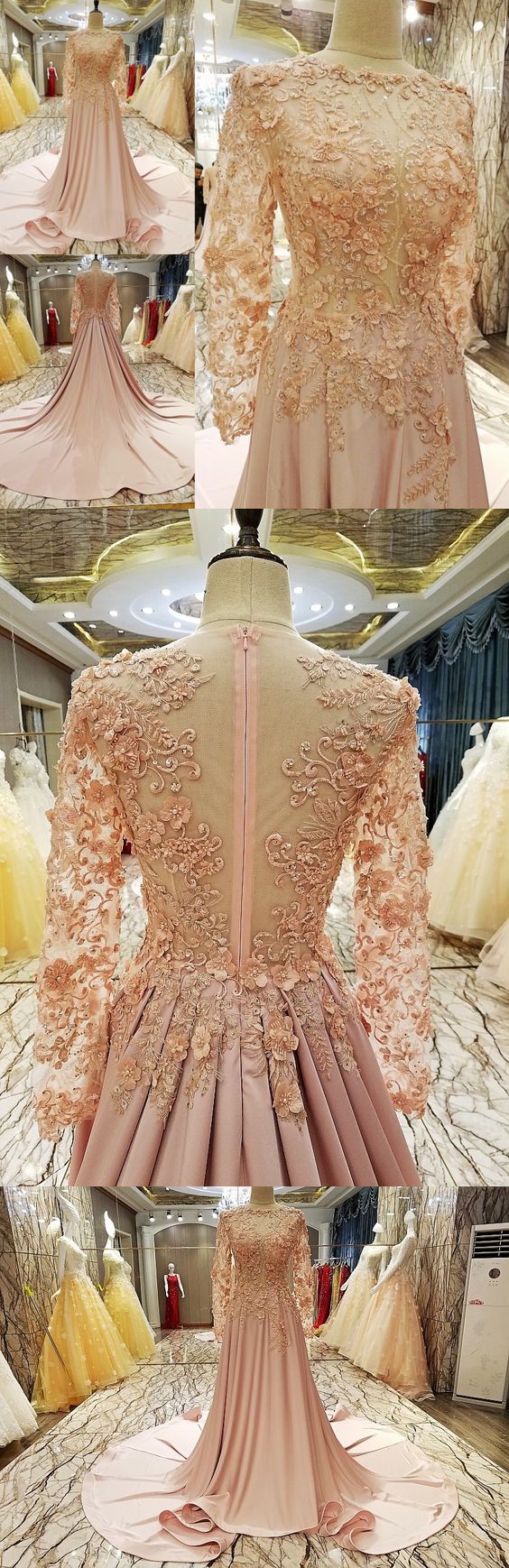 Pink Prom Dress Brush Train Long Sleeve Lace Popular Prom Dress/evening Dress,pd14584