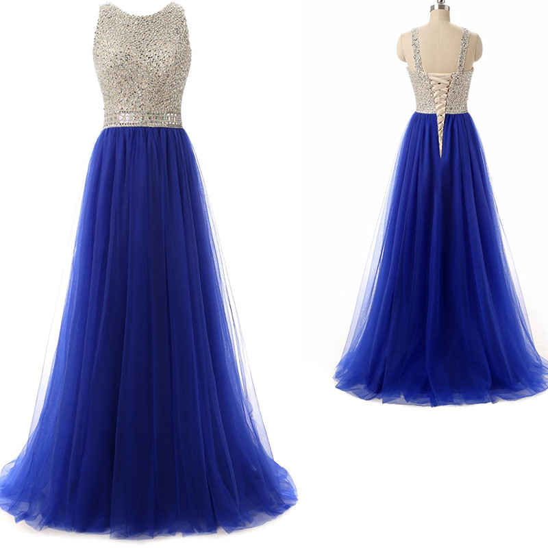Sexy Sleeveless Crystal Beading Tulle Evening Dress, Royal Blue Long Prom Dress,pd14602