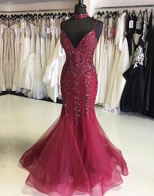 Simple Prom Dresses, Prom Gown,vintage Prom Gowns,burgundy V Neck Tulle Long Prom Dress, Mermaid Evening Dress,pd14711