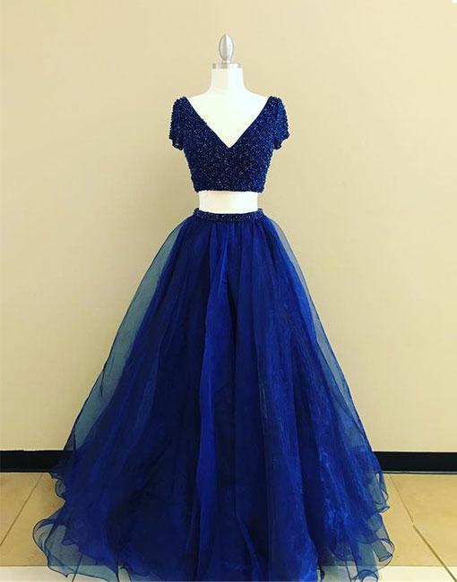 Simple Prom Dresses, Prom Gown,vintage Prom Gowns,royal Blue Two Pieces Long Prom Dress, Blue Evening Dress,pd14714