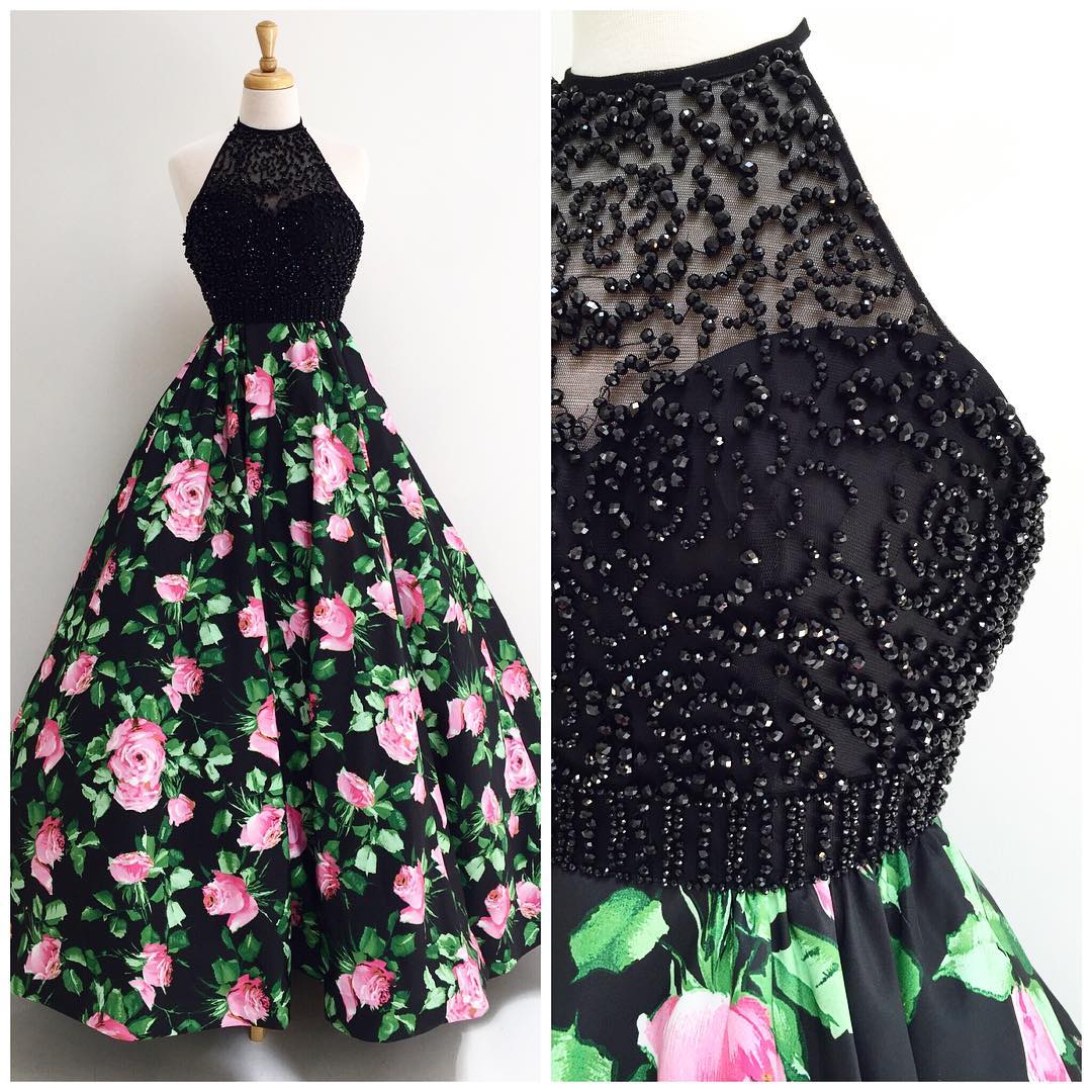 black and pink floral prom dress