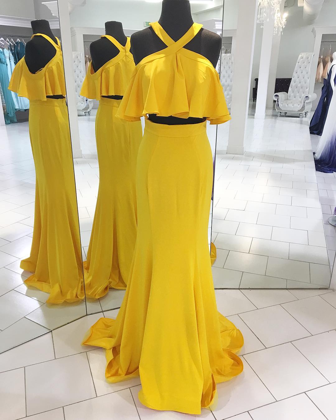 Two Piece Yellow Long Prom Dress With Ruffle,prom Dresses,evening Dress, Prom Gowns, Formal Women Dress,pd14745