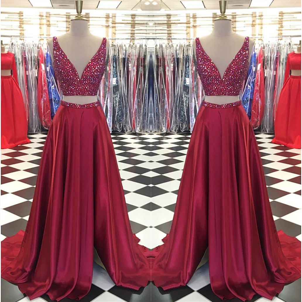 Sexy Sleeveless Prom Dress, Two Piece Prom Dresses,beaded Long Evening Dress,pd14776