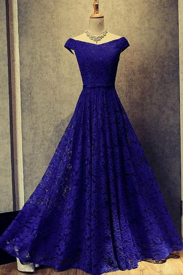 Glamorous A-line Off-the-shoulder Royal Blue Lace Long Prom Dress,pd14819