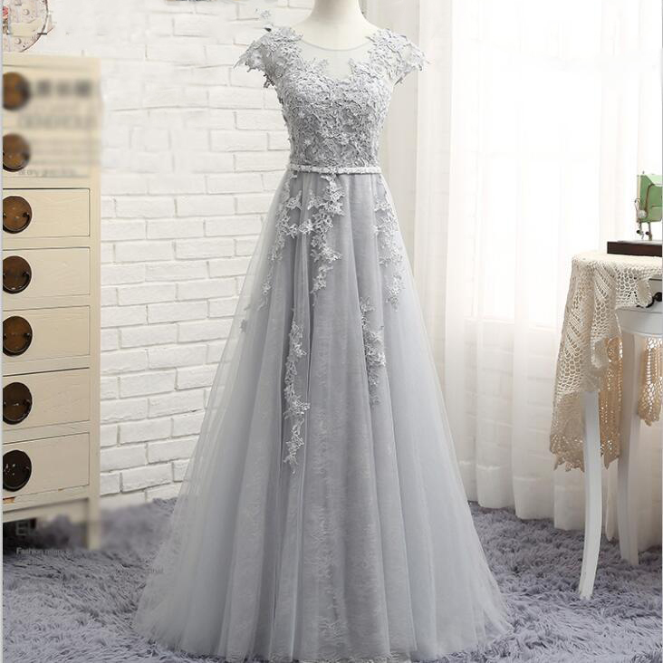 Glamorous A-line Scoop Cap Sleeves Tulle Long Prom Dress With Appliques,pd14827