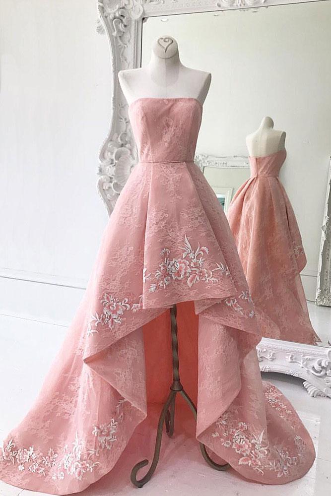 Blush Pink Lace Strapless Straight Across High Low Ruffle Formal Dress, Prom Dress,ma0014