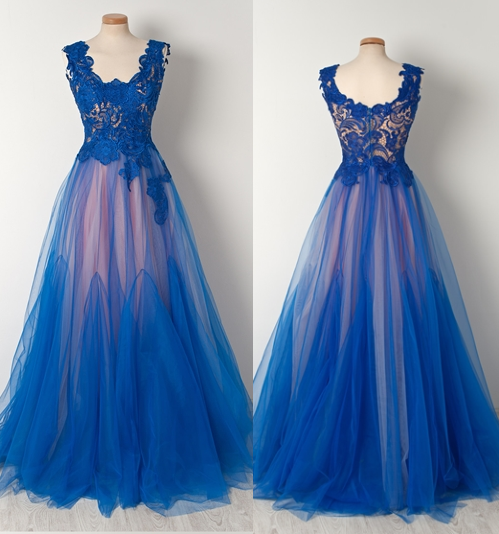 Blue Lace Plunge U Sleeveless Floor Length Tulle Formal Dress, Prom Dress,ma0046