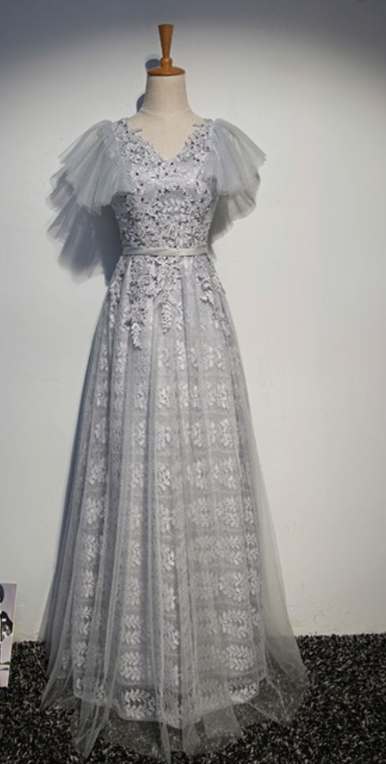 Grey, Silvery Lace Wedding Gown With Women's Sequined Party's Formal Evening Gown,ma0060