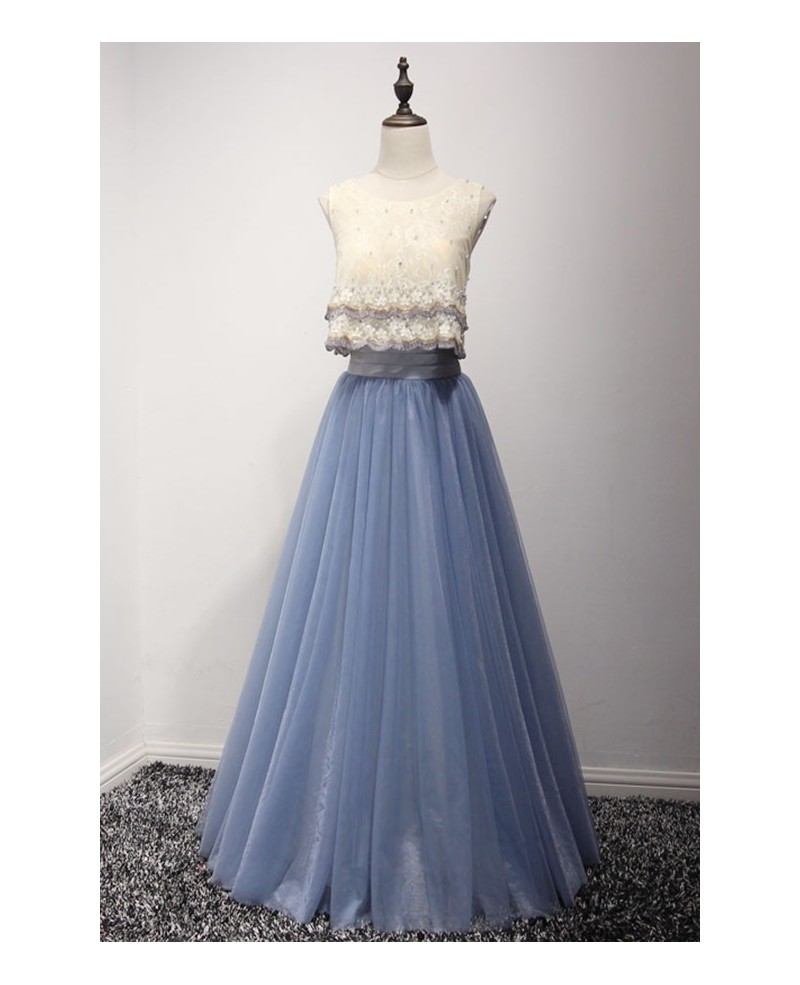Chic A-line Scoop Neck Floor-length Tulle Prom Dress With Beading,ma0061