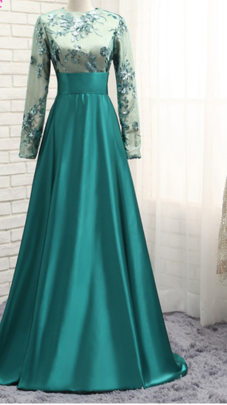 The Long-sleeved Dress Green Satin Evening Gown Ball Gown ,ma0062