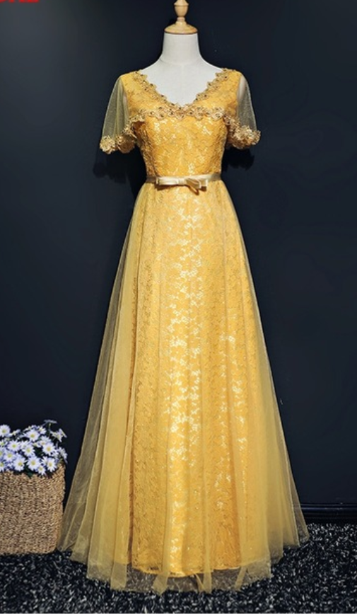 The Yellow, Elegant Lace Tulle Evening Party Dress With A Long Cape Woman's Elegant Ladies Dress For The Wedding Gown ,ma0065