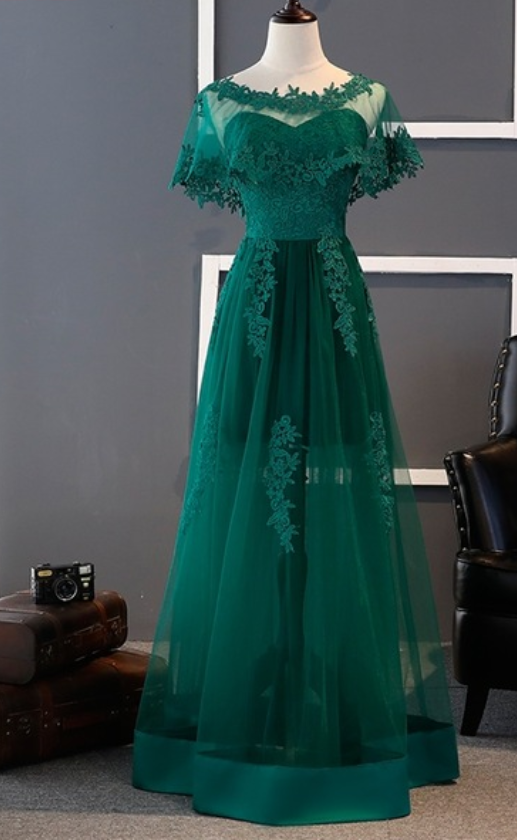 Charming Green A-line Lace Tulle Prom Dress Elegant Evening Dress,ma0070