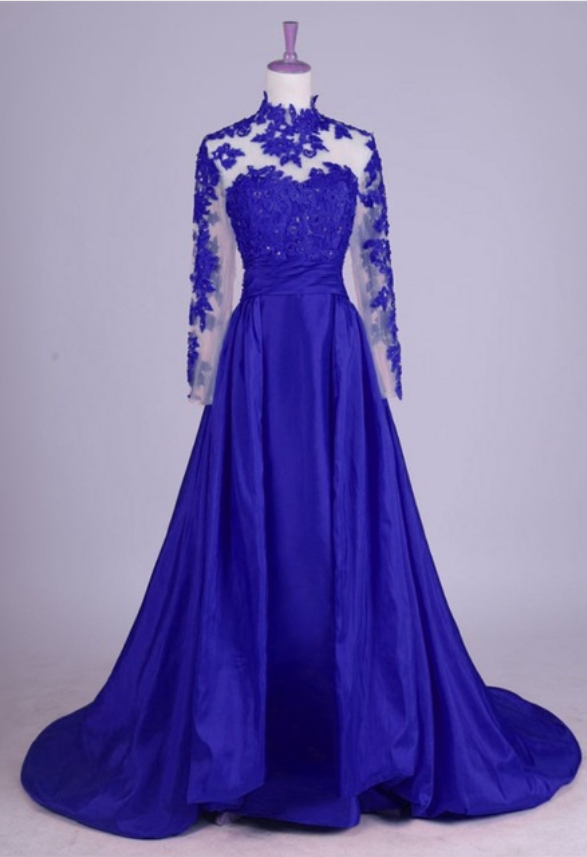 Royal Blue Long Sleeve Lace Prom Dress Formal Evening Gown,ma0075