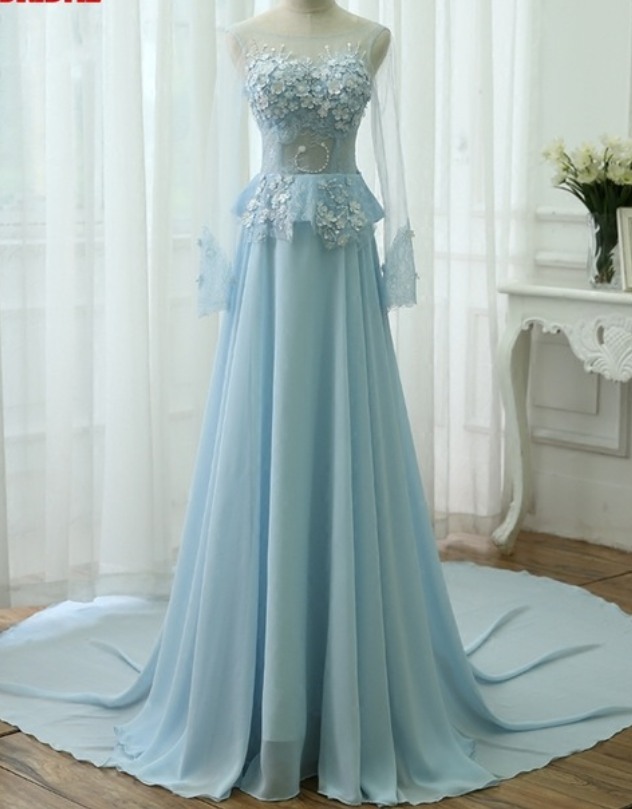 Light Blue Evening Party Dress Long Sleeves Chiffon Prom Dress,ma0076