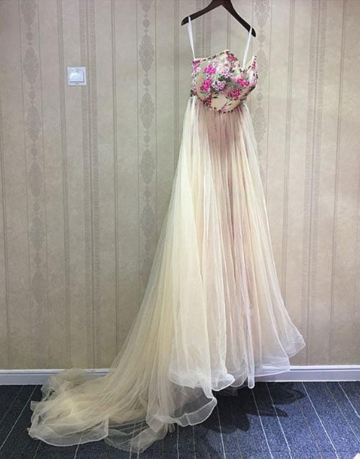 Unique Champagne Tulle Long Prom Dress, Sweetheart Evening Dress,pd14853