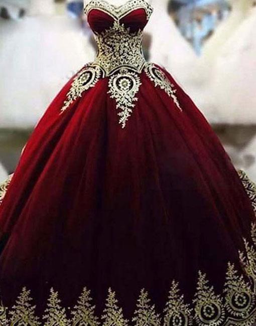 Quinceanera Dresses Unique Burgundy Round Neck Gold Lace Applique Long Prom Gown,pd14855