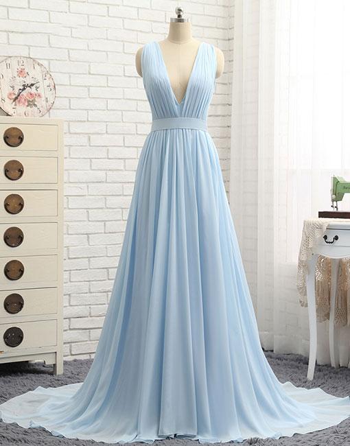 Simple Blue V Neck Chiffon Long Prom Dress, Blue Evening Dress,pd14862