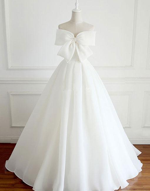White Bow Long Prom Dress, White Evening Dress,pd14878