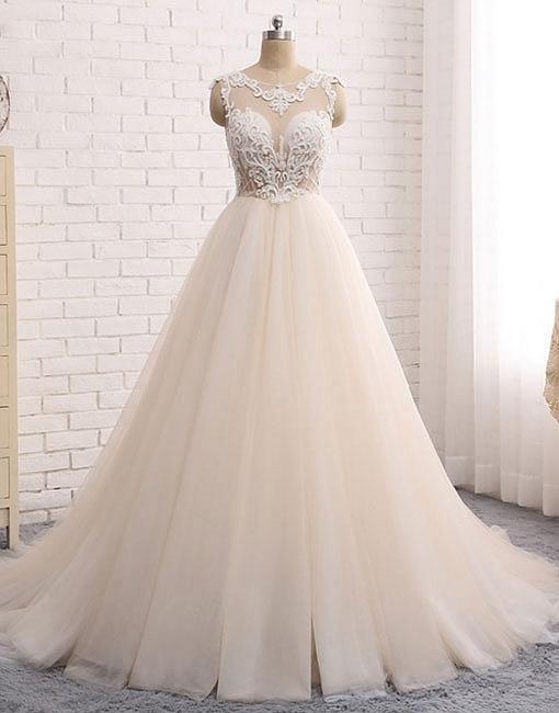 Custom Made Round Neck Lace Tulle Long Prom Gown, Wedding Dress,pd14880