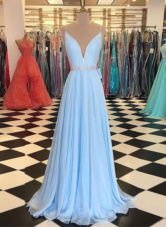 Newest Light Blue A-line Prom Dress With Beaded Bodice,long V-neck Chiffon Evening Dress,pd14890