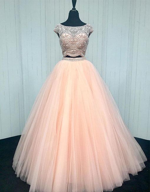 Pink Two Pieces Sequin Beads Tulle Long Prom Dress, Pink Evening Dress,pd14905