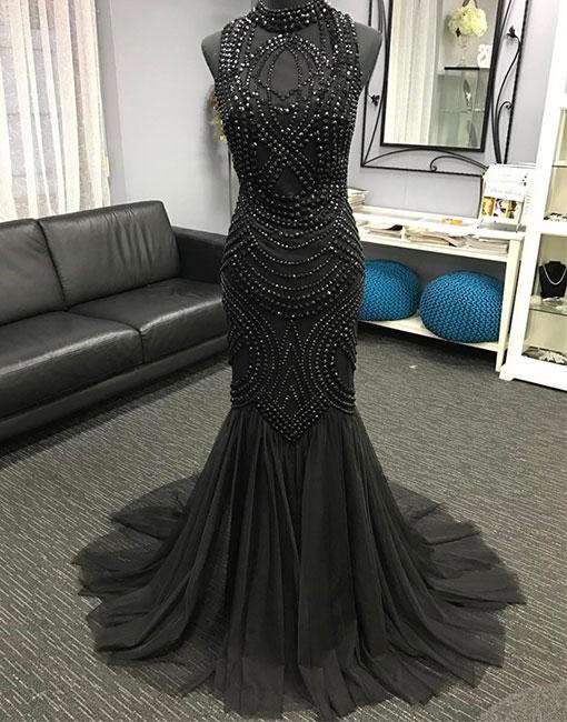 Unique Tulle Beads Mermaid Long Prom Dress, Evening Dress ,pd14907