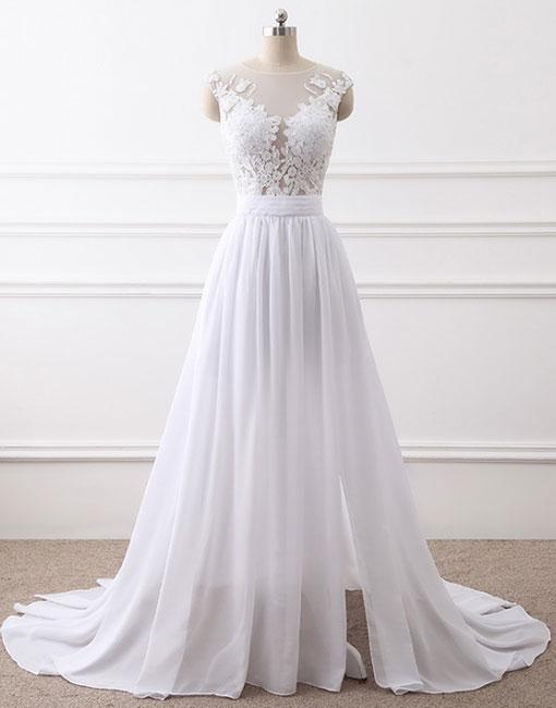 White Round Neck Lace Chiffon Long Prom Dress, White Evening Dress,pd141090
