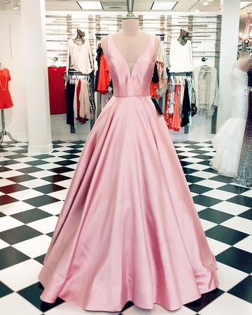 Pink Satin V Neckline Sleeveless Satin Ball Gown Prom Dress