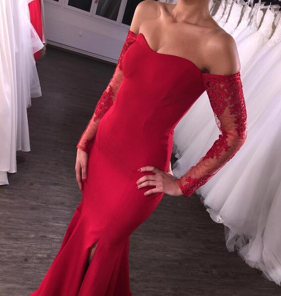 Red Evening Dress, Off Shoulder Evening Dress, Mermaid Evening Dress, Lace Evening Dress,pd1411100