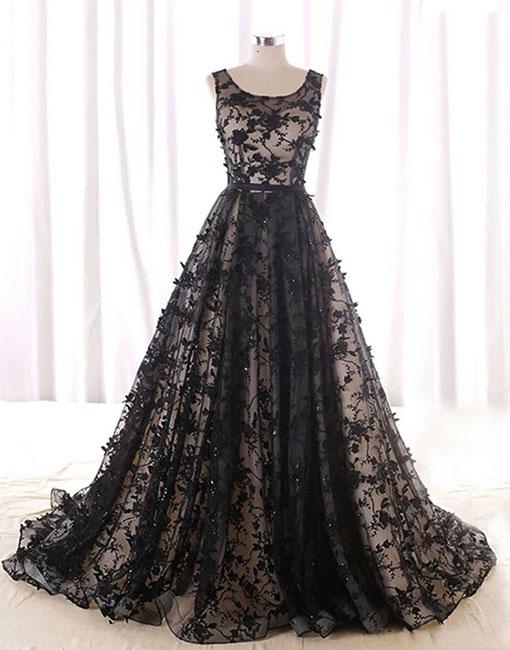 Black Round Neck Tulle Long Prom Dress, Black Evening Dress ,pd1411129