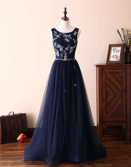 Dark Blue Lace Tulle Long Prom Dress, Formal Dress,pd1411132