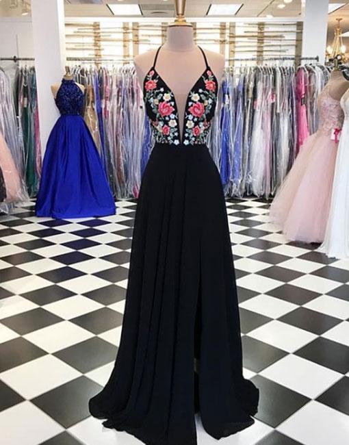 Plunging V Halter Black Chiffon Long Prom Dress, Evening Dress Featuring Floral Embroidery And Side Slit